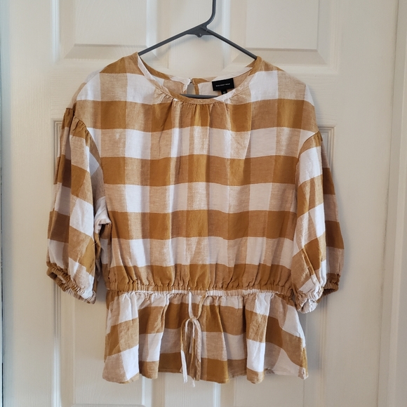 Who What Wear Tops - Who What Wear Gingham Plaid Puff Sleeve Peplum Drawstring Top Size M